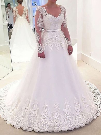 Ball Gown V-neck Tulle Sweep Train Wedding Dresses With Appliques Lace #Milly00023632