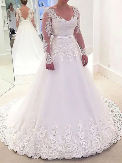 Ball Gown/Princess V-neck Tulle Sweep Train Wedding Dresses With Appliques Lace #Milly00023632
