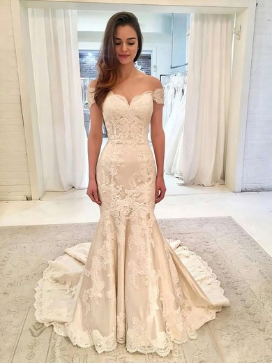 Trumpet/Mermaid Off-the-shoulder Satin Sweep Train Wedding Dresses With Appliques Lace #Milly00023635