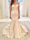 Trumpet/Mermaid Off-the-shoulder Satin Sweep Train Wedding Dresses With Appliques Lace #Milly00023635