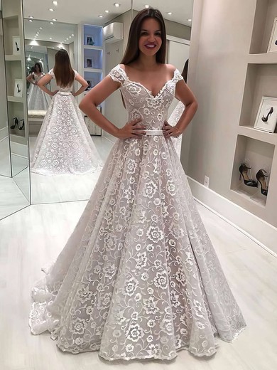 Ball Gown Off-the-shoulder Lace Floor-length Wedding Dresses With Sashes / Ribbons #Milly00023636