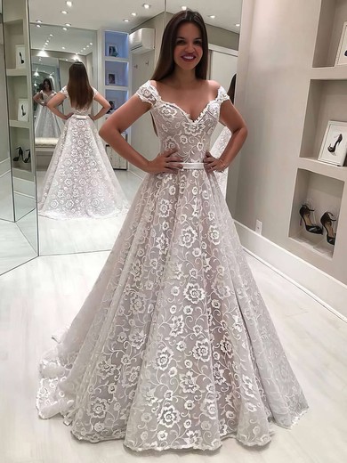 Princess Off-the-shoulder Lace Floor-length Sashes / Ribbons Wedding Dresses #Milly00023636