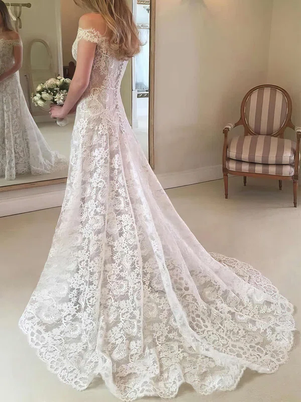 Ball Gown/Princess Off-the-shoulder Lace Sweep Train Wedding Dresses With Buttons #Milly00023637