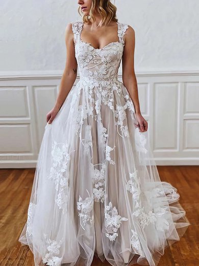 A-line Sweetheart Tulle Sweep Train Appliques Lace Wedding Dresses #Milly00023638