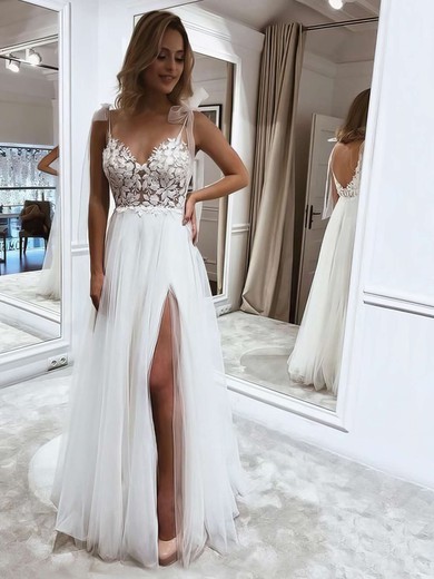 A-line V-neck Tulle Floor-length Appliques Lace Wedding Dresses #Milly00023640