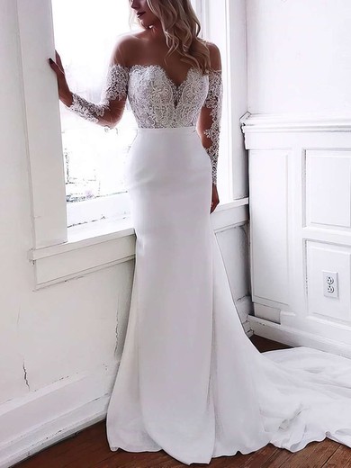 Trumpet/Mermaid Illusion Stretch Crepe Sweep Train Wedding Dresses With Appliques Lace #Milly00023643