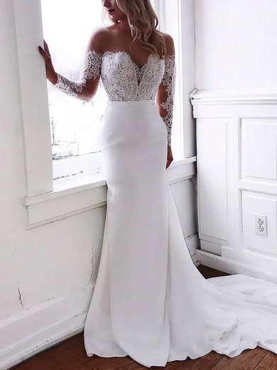 Trumpet/Mermaid Scoop Neck Stretch Crepe Sweep Train Appliques Lace Wedding Dresses #Milly00023643