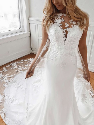 Trumpet/Mermaid Scoop Neck Tulle Chapel Train Appliques Lace Wedding Dresses #Milly00023644