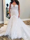 Trumpet/Mermaid V-neck Tulle Court Train Wedding Dresses With Appliques Lace #Milly00023645