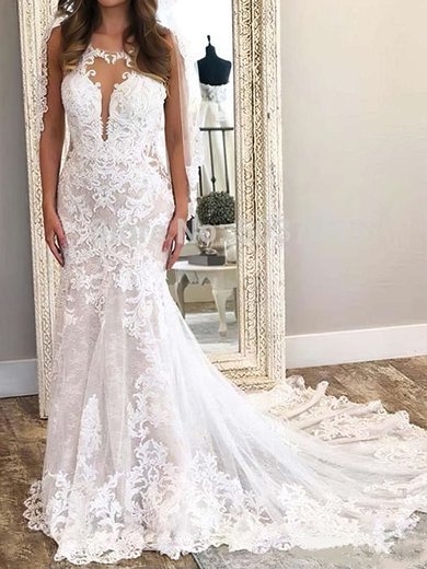 Trumpet/Mermaid Illusion Tulle Sweep Train Wedding Dresses With Appliques Lace #Milly00023646