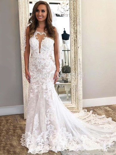 Trumpet/Mermaid Scoop Neck Tulle Sweep Train Appliques Lace Wedding Dresses #Milly00023646