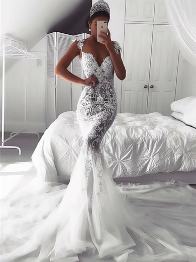 Trumpet/Mermaid V-neck Tulle Court Train Appliques Lace Wedding Dresses #Milly00023647