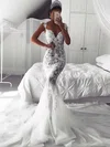 Trumpet/Mermaid V-neck Tulle Court Train Wedding Dresses With Appliques Lace #Milly00023647
