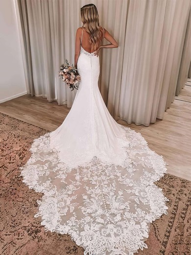 Trumpet/Mermaid V-neck Stretch Crepe Court Train Wedding Dresses With Appliques Lace #Milly00023648