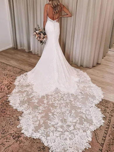 Trumpet/Mermaid V-neck Stretch Crepe Court Train Wedding Dresses With Appliques Lace #Milly00023648