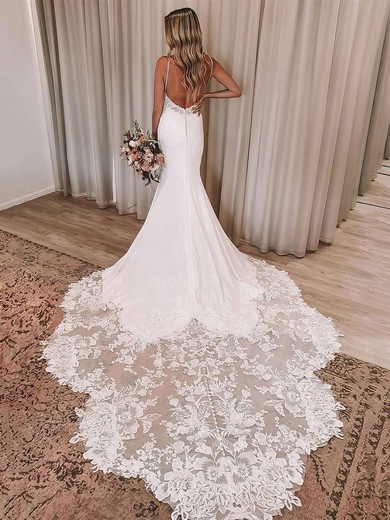 Trumpet/Mermaid V-neck Stretch Crepe Court Train Appliques Lace Wedding Dresses #Milly00023648