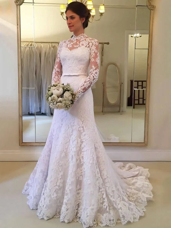 Trumpet/Mermaid High Neck Tulle Sweep Train Wedding Dresses With Appliques Lace #Milly00023649