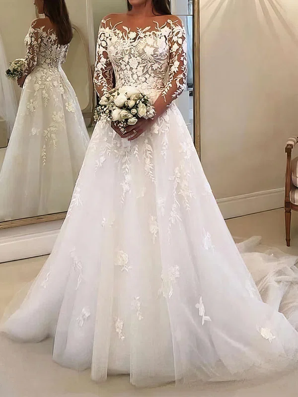 Ball Gown Illusion Tulle Sweep Train Wedding Dresses With Appliques Lace #Milly00023650