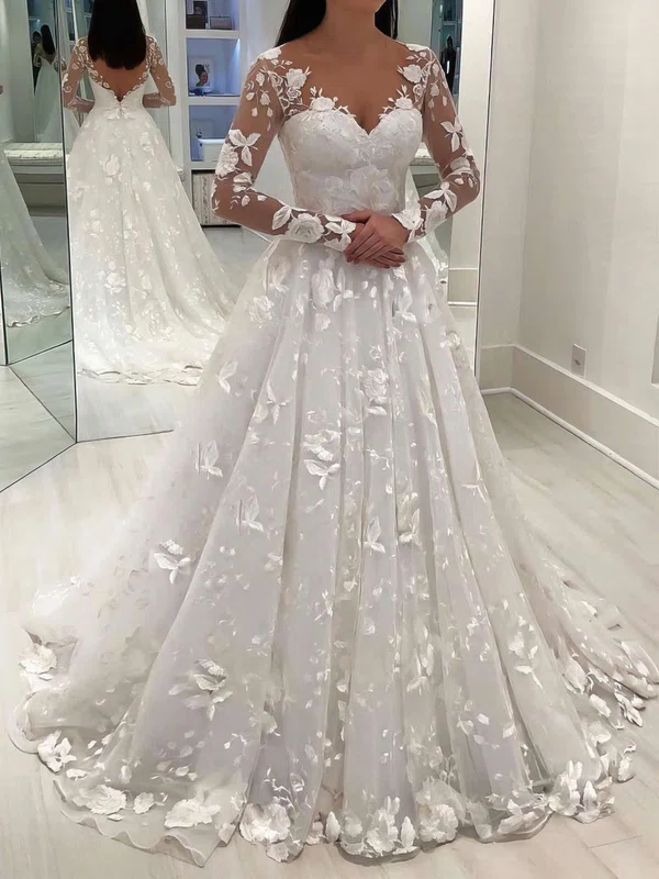 Ball Gown V-neck Tulle Sweep Train Wedding Dresses With Appliques Lace #Milly00023651