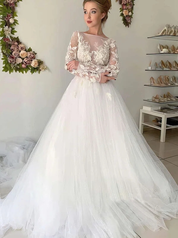 Ball Gown Illusion Tulle Chapel Train Wedding Dresses With Appliques Lace #Milly00023653