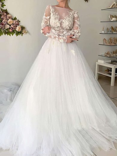 Ball Gown Illusion Tulle Chapel Train Wedding Dresses With Appliques Lace #Milly00023653