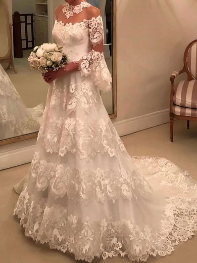 Ball Gown Illusion Tulle Sweep Train Wedding Dresses With Appliques Lace #Milly00023654