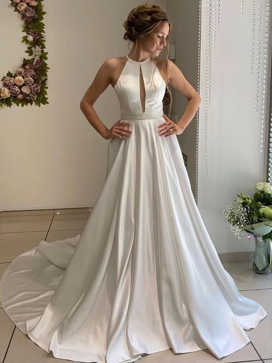 Ball Gown Scoop Neck Satin Sweep Train Wedding Dresses With Beading #Milly00023655
