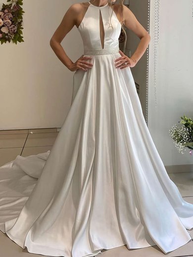 Ball Gown Scoop Neck Satin Sweep Train Wedding Dresses With Beading #Milly00023655