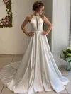 Ball Gown Scoop Neck Satin Sweep Train Wedding Dresses With Beading #Milly00023655
