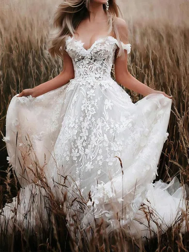 Ball Gown/Princess Off-the-shoulder Tulle Sweep Train Wedding Dresses With Appliques Lace #Milly00023656