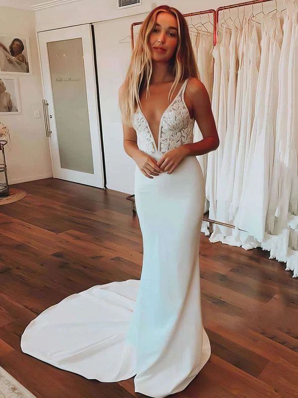 Trumpet/Mermaid V-neck Stretch Crepe Sweep Train Wedding Dresses With Appliques Lace #Milly00023657