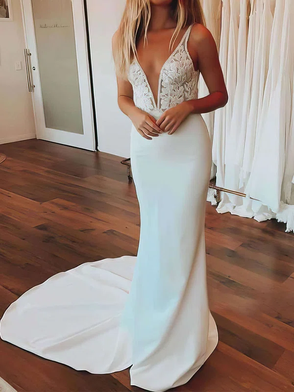 Trumpet/Mermaid V-neck Stretch Crepe Sweep Train Wedding Dresses With Appliques Lace #Milly00023657