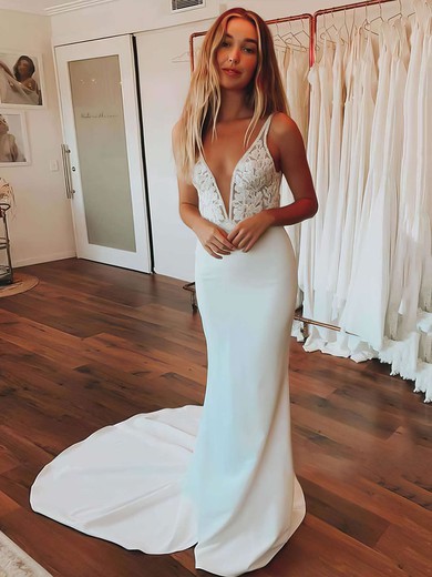 Trumpet/Mermaid V-neck Stretch Crepe Sweep Train Appliques Lace Wedding Dresses #Milly00023657