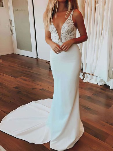 Trumpet/Mermaid V-neck Stretch Crepe Sweep Train Wedding Dresses With Appliques Lace #Milly00023657