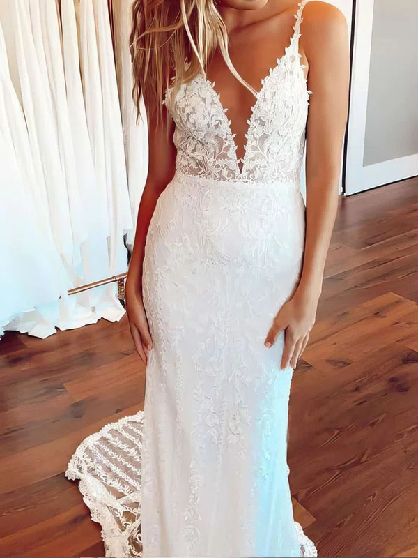 Trumpet/Mermaid V-neck Lace Sweep Train Wedding Dresses With Appliques Lace #Milly00023658