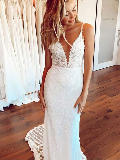 Trumpet/Mermaid V-neck Lace Sweep Train Appliques Lace Wedding Dresses #Milly00023658