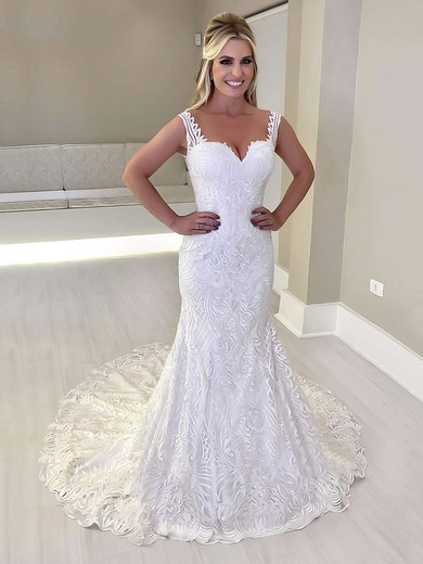 Trumpet/Mermaid Sweetheart Lace Sweep Train Appliques Lace Wedding Dresses #Milly00023659