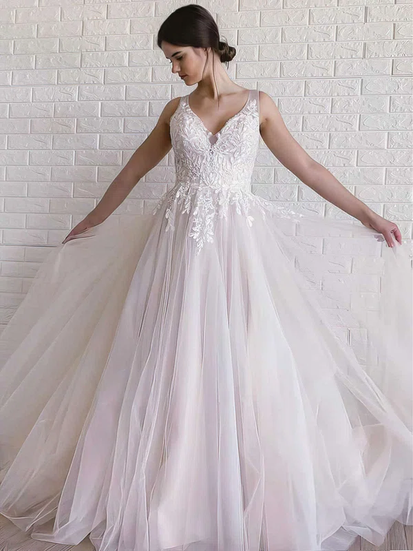 Ball Gown V-neck Tulle Sweep Train Wedding Dresses With Appliques Lace #Milly00023663