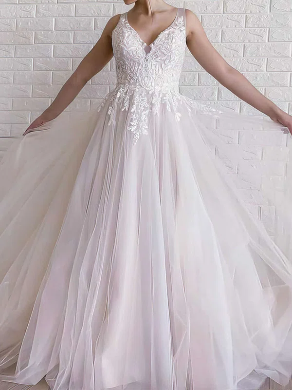 Ball Gown/Princess V-neck Tulle Sweep Train Wedding Dresses With Appliques Lace #Milly00023663