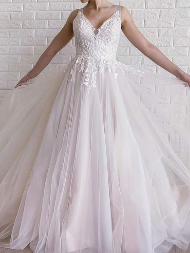 Ball Gown/Princess V-neck Tulle Sweep Train Wedding Dresses With Appliques Lace #Milly00023663