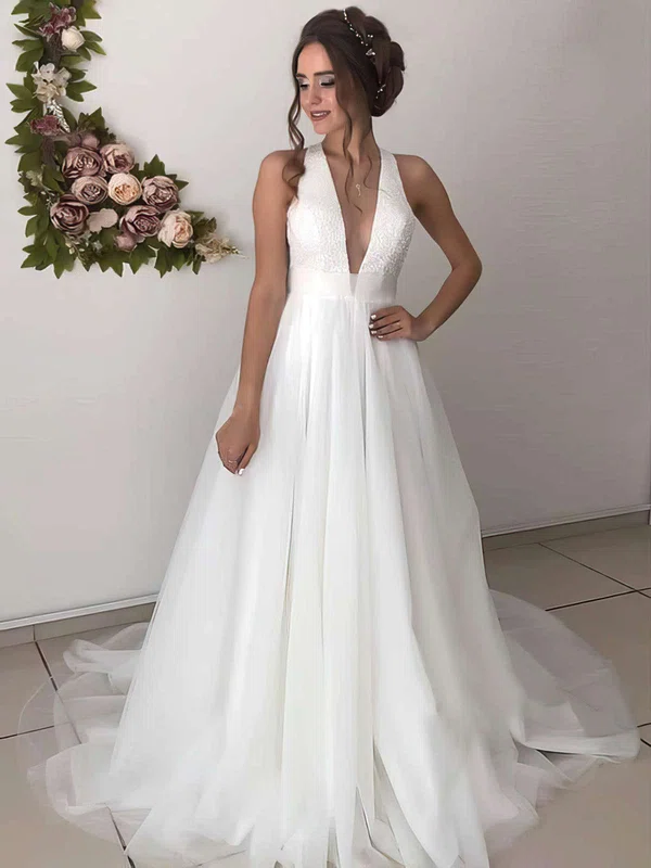Ball Gown V-neck Tulle Sweep Train Wedding Dresses With Beading #Milly00023664