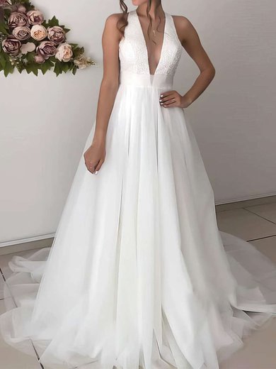 Ball Gown V-neck Tulle Sweep Train Wedding Dresses With Beading #Milly00023664