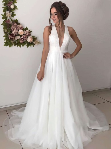 A-line V-neck Tulle Sweep Train Beading Wedding Dresses #Milly00023664