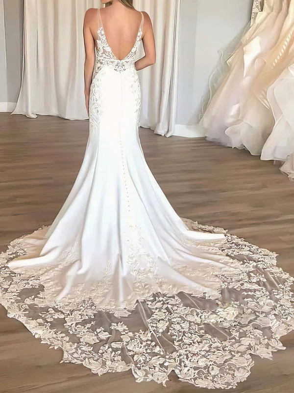 Trumpet/Mermaid V-neck Stretch Crepe Court Train Wedding Dresses With Appliques Lace #Milly00023666