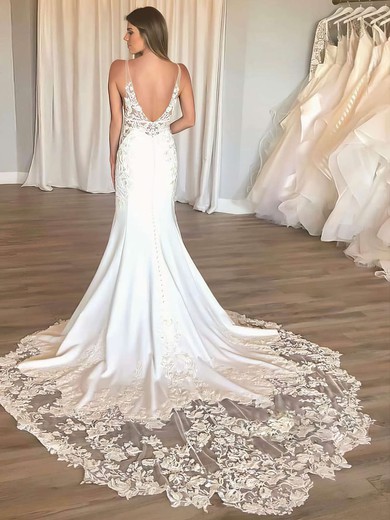 Trumpet/Mermaid V-neck Satin Tulle Court Train Appliques Lace Wedding Dresses #Milly00023666