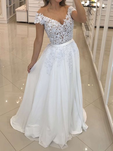 A-line Illusion Chiffon Sweep Train Wedding Dresses With Pearl Detailing #Milly00023667