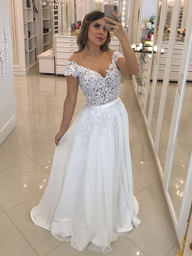 A-line Scoop Neck Chiffon Sweep Train Appliques Lace Wedding Dresses #Milly00023667