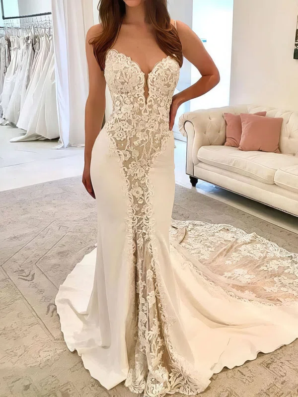 Trumpet/Mermaid Sweetheart Lace Stretch Crepe Court Train Wedding Dresses #Milly00023669