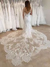 Trumpet/Mermaid V-neck Tulle Court Train Wedding Dresses With Appliques Lace #Milly00023670