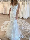 Trumpet/Mermaid V-neck Tulle Court Train Wedding Dresses With Appliques Lace #Milly00023670